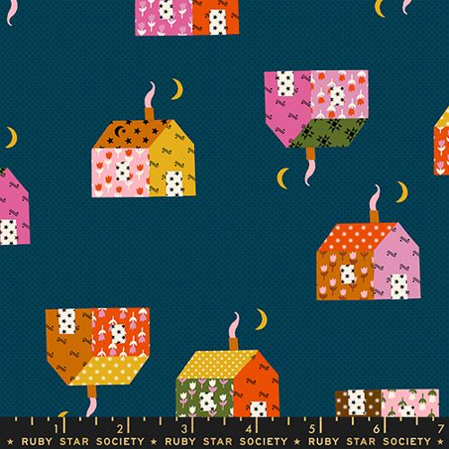 Pattern of colorful houses on a blue background with 'Ruby Star Society' branding.