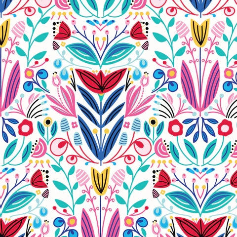 Colorful floral pattern with various shapes and colors on a white background
