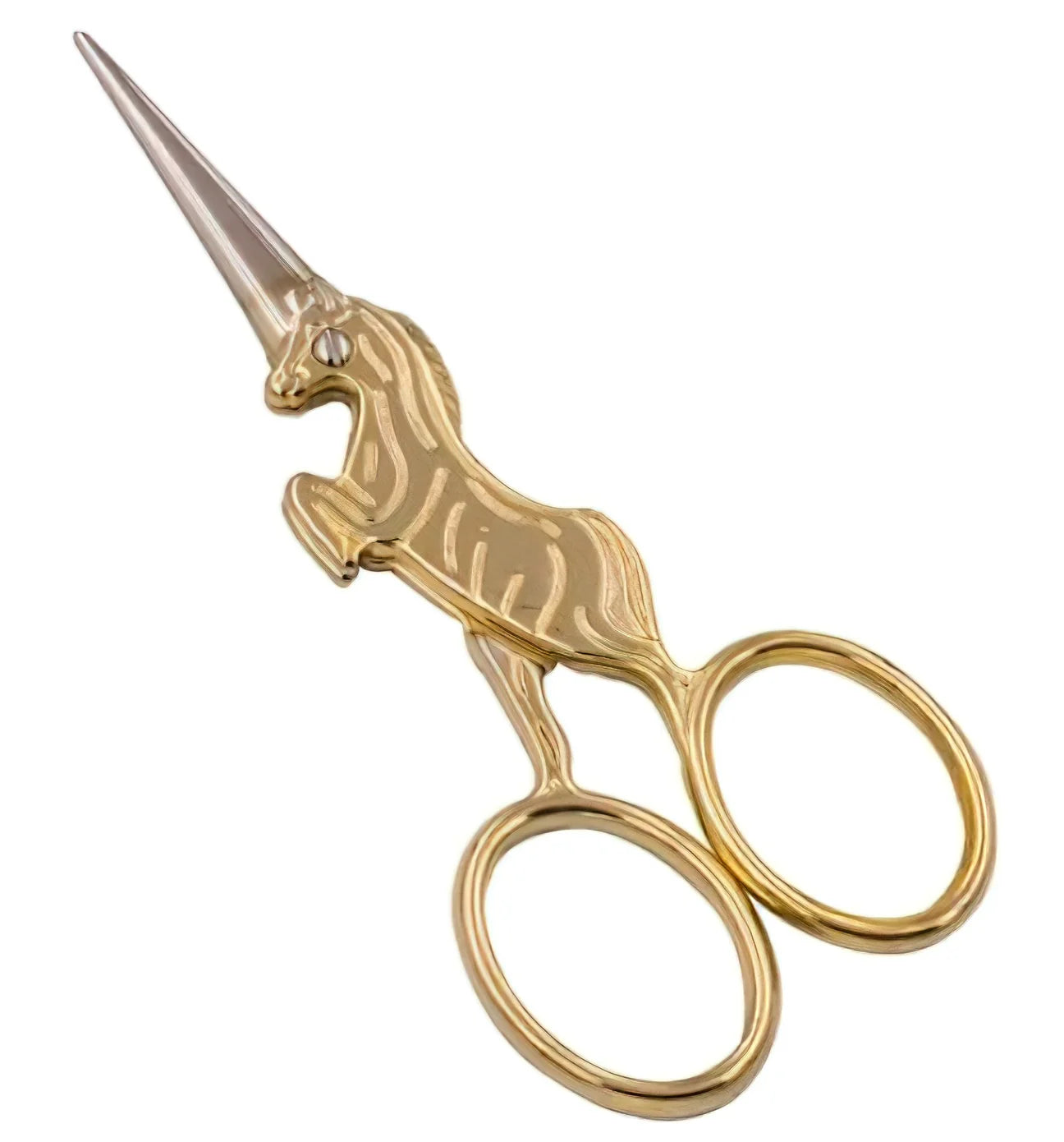 Gold unicorn-shaped scissors on a white background