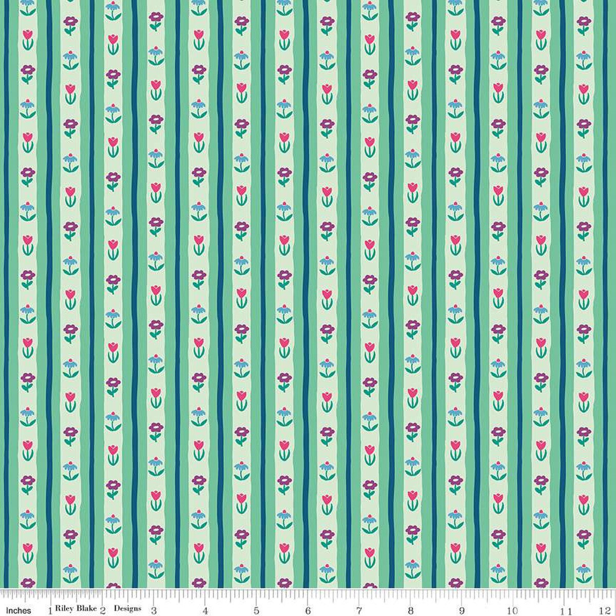 2-1/4 Yards - Floral Stripe - Bavarian Mint - The Genesis of a Journey