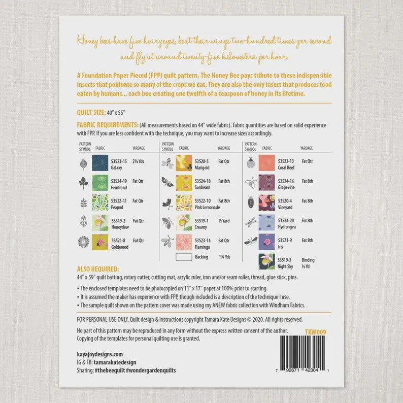 Honey Bee Quilt Pattern - Tamara Kate Designs - Paper Printed Pattern