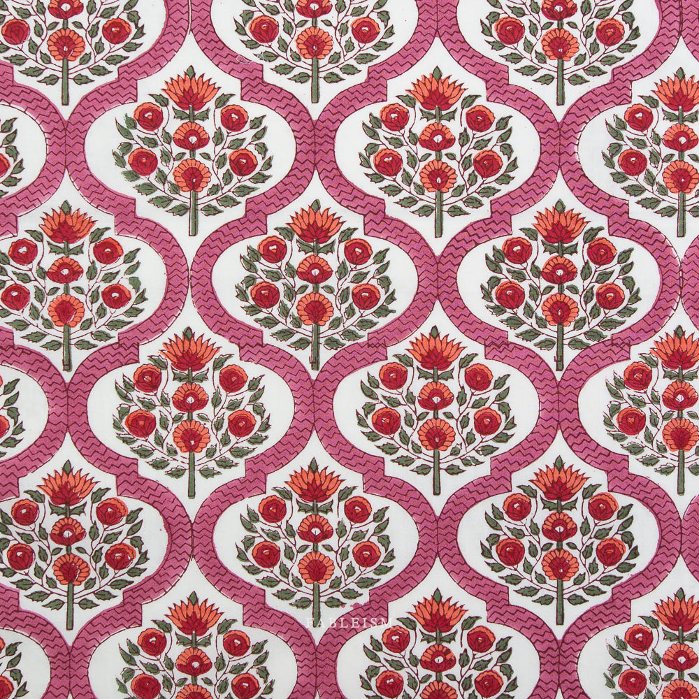 26” cut - Lattice Floral in Pink - Indian Block Prints - Fableism
