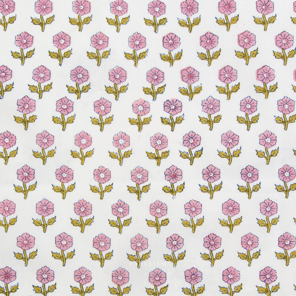 1-1/4 Yards - Flowerling in Pink - Indian Block Prints - Fableism