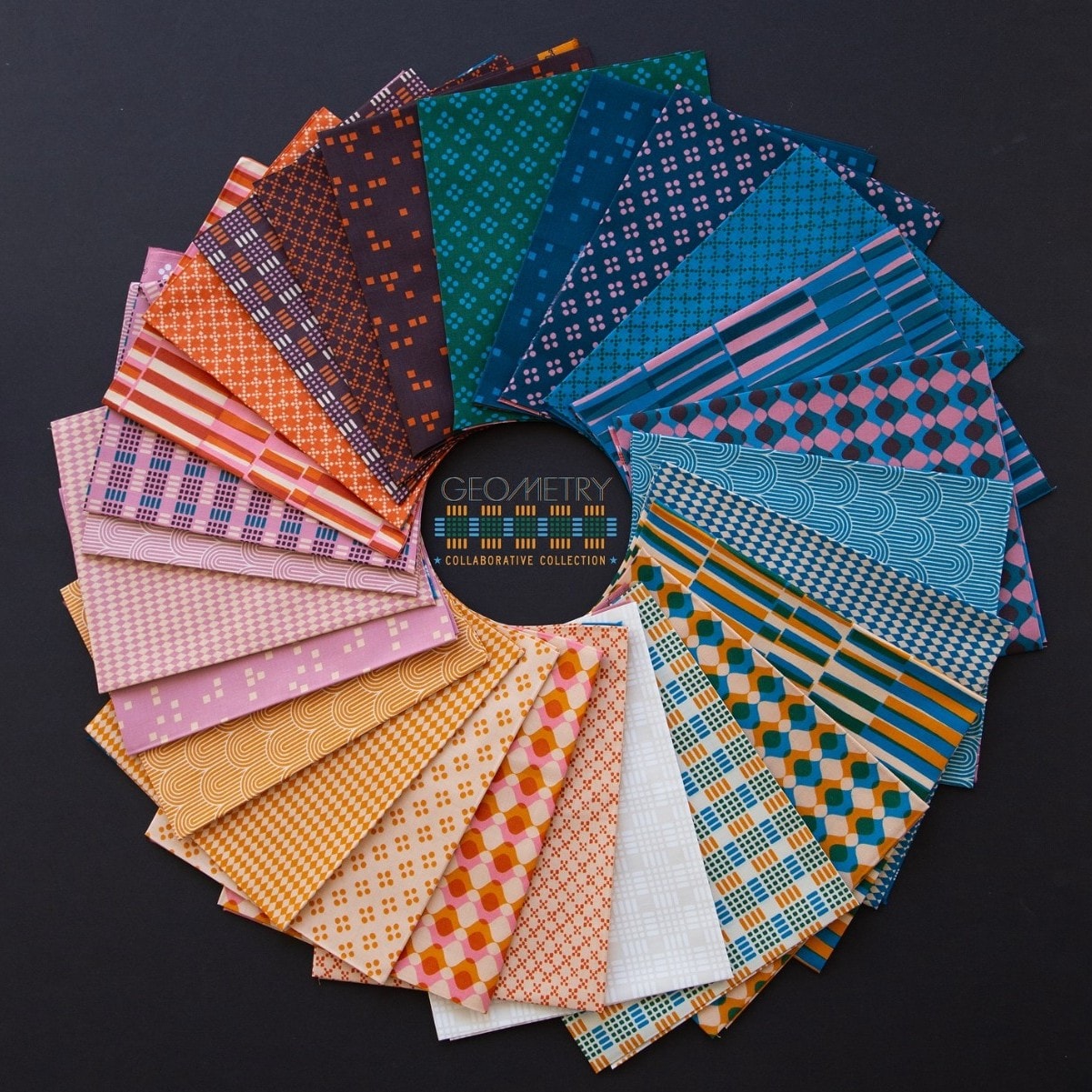 Collection of patterned fabric swatches arranged in a circular display on a black background.
