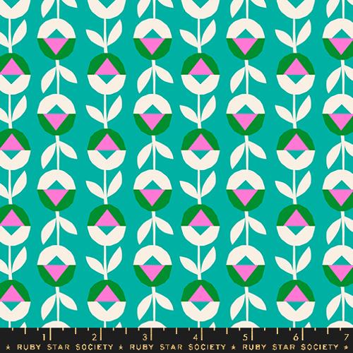 Patterned fabric with geometric design on a teal background, featuring Ruby Star Society label.