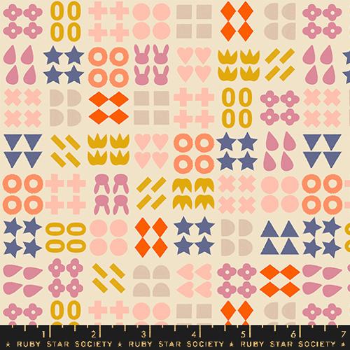 Patterned fabric with geometric shapes and colors on a beige background, featuring the Ruby Star Society label.