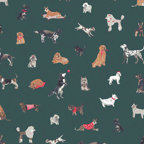 Pattern of various dogs on a dark green background