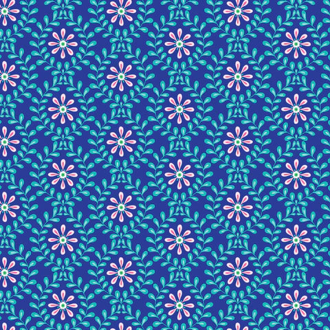 Pattern of pink flowers with green centers on a blue background