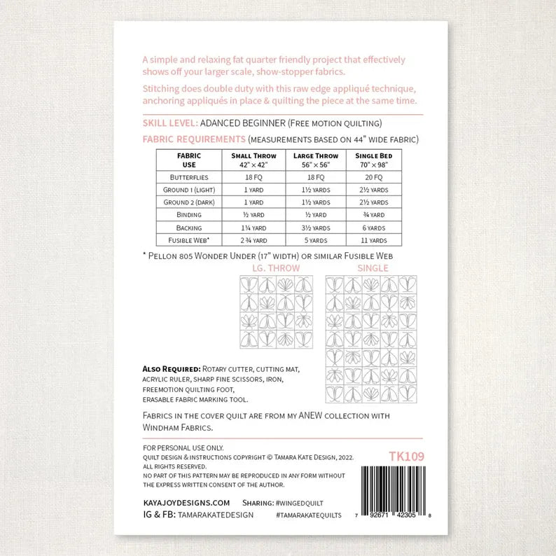 Winged Quilt Pattern - Tamara Kate Designs - Paper Printed Pattern